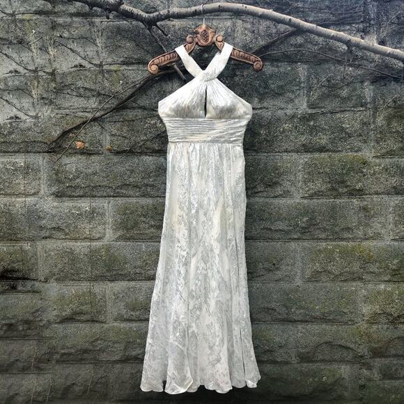 Aidan Mattox White Silver Metallic Halter Cross Back Maxi Gown Dress - Picture 3 of 11